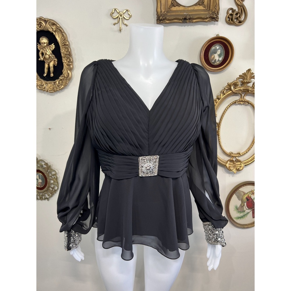 La Perle Vintage Black Chiffon Rhinestone Blouse Size 14